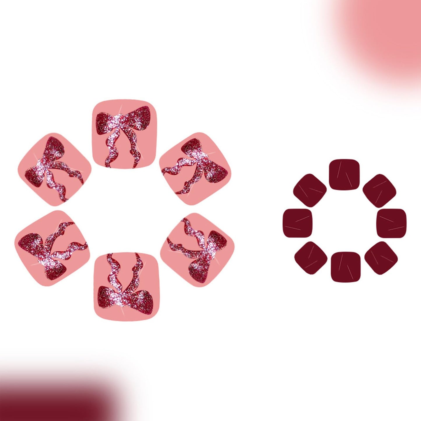 Wine Red Press on Toenails Short Square Fake Toe Nails with Glitter Bow Design Cute False Toenails Reusable Glue on Nails Dark Red Glossy Acrylic False Toenails for Coquette Women 24Pcs