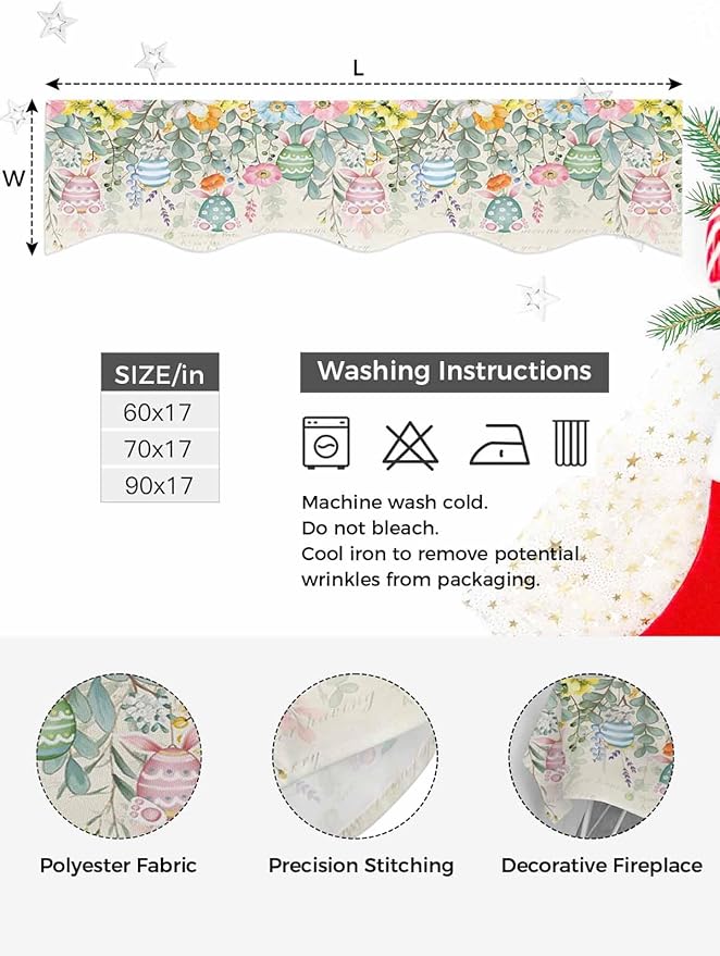 Easter Fireplace Mantel Scarf Table Runner, Spring Colorful Eggs Eucalyptus Leaves Floral Winter Garland Mantel Top Tablerunners Dresser Scarves Cover for Windows Party Living Room 70''x17''