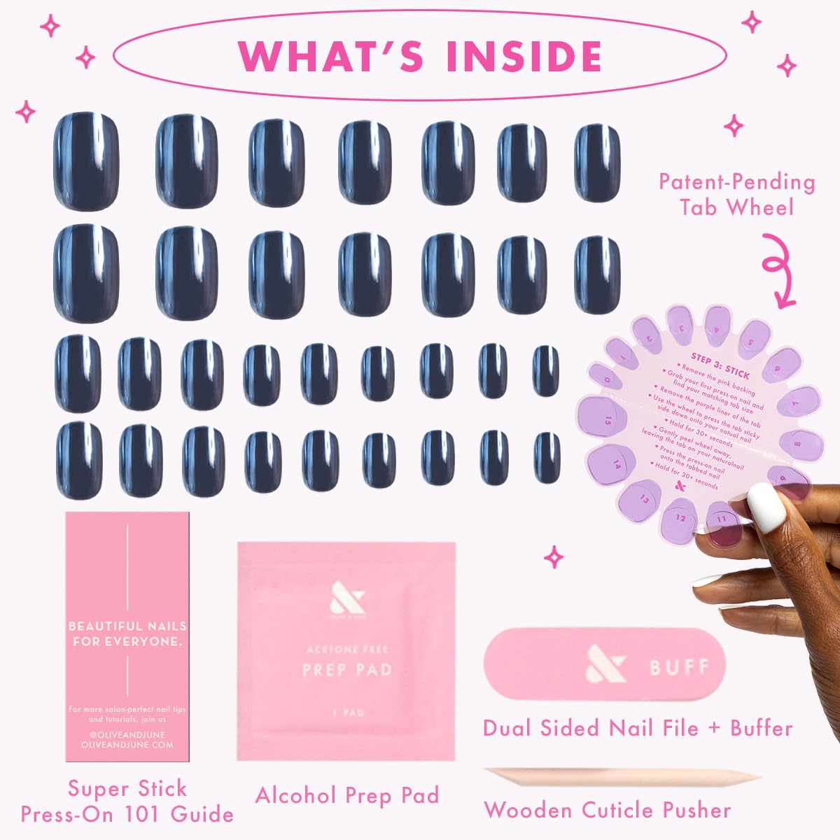 Olive & June Effects Super Stick Mani Press On Nails | No Glue Needed | 32 Tab Nails, 16 Sizes | Non-Toxic Easy On-Off Non-Damaging Real Look | 7-Day Wear | Extra Short, Squoval | Suited Chrome