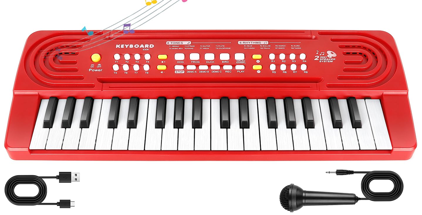 Kids Toddler Toy Piano Keyboard - 37 Key Pianos for Kid Music Toys Instruments with Microphone | Explore Creativity, Perfect Birthday for 3-8 Year Old (Red)