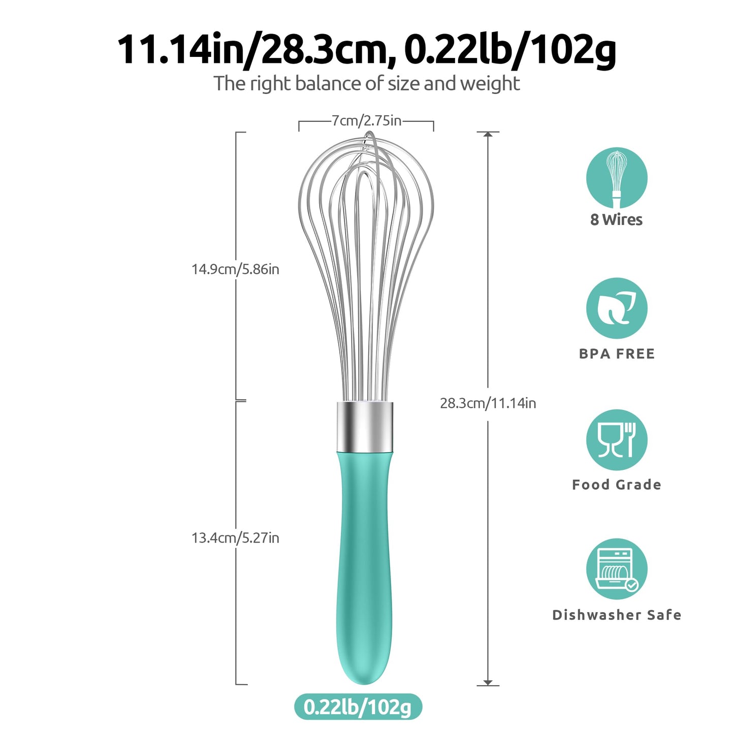 U-Taste Balloon Whisk for Cooking: 18/10 Stainless Steel Kitchen Wire Whisk, Medium Heavy Duty Egg Beater, Manual Baking Mixing Tool with 8 High Flex Wires for Stirring, Blending Sauce (Aqua Sky)