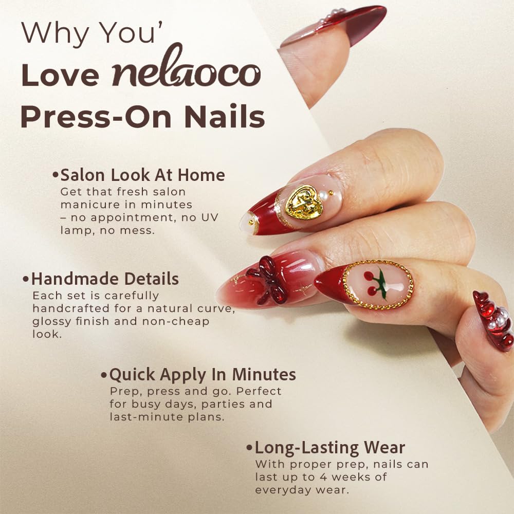 Nelaoco 10PCS Handmade Press On Nails REUSABLE 3D Gel Fake Nails Acrylic Slim Natural Profile Glassy Shine & Detail-Focused Finish (Midnight Dahlia Black - M)