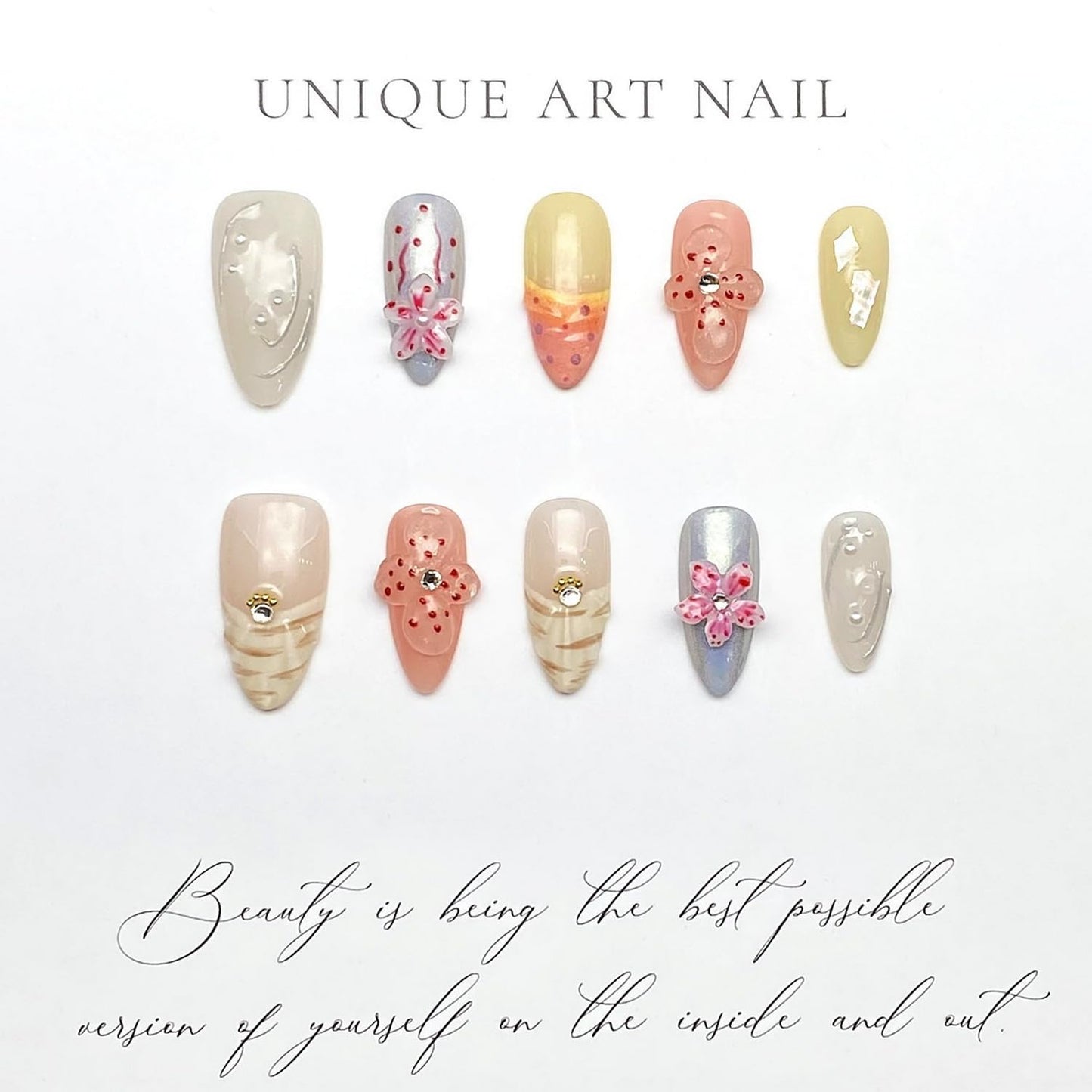 Handmade Press on Nails Medium Almond 3D Flower Fake Nails Unique False Nails with Designs Rhinestones Pearls Glossy Glue on Reusable Thick Acrylic Nails 10Pcs (S)