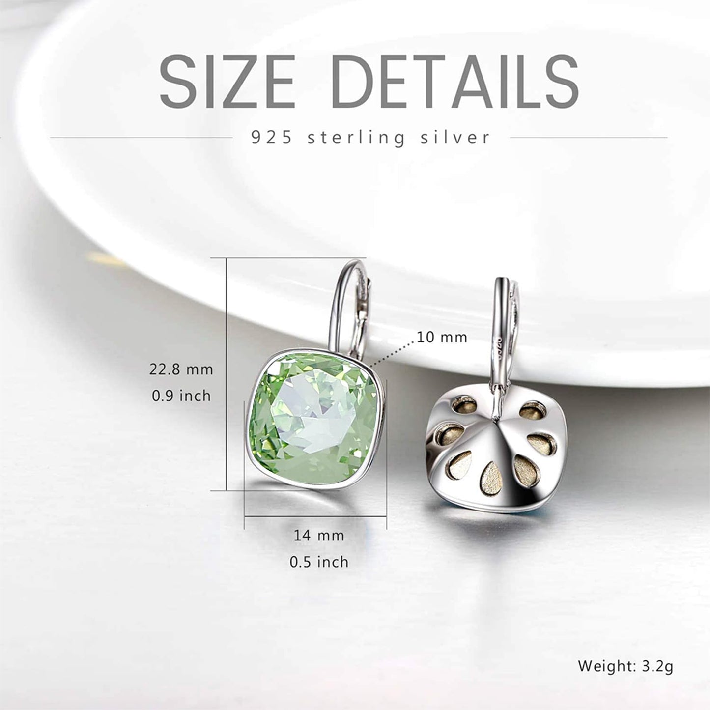 AOBOCO Sterling Silver Leverback Earrings Embellished with Crystals from Austria, Hypoallergenic Cushion Cut Square Crystal Earrings, Fine Anniversary Birthday Jewelry Gifts for Women (Light Green)