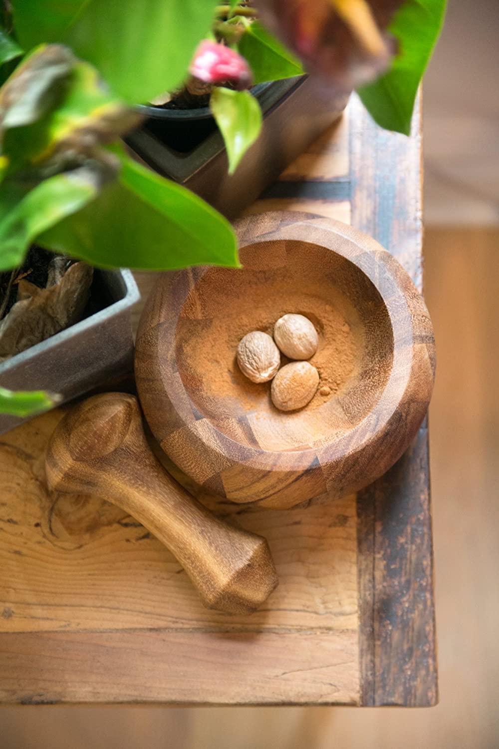 IBLAY Mortar and Pestle, Acacia Wood Herb Spice Masher Mortar,Pestle Grinder/Chopper for Herbs, for Garlic Press, Coffee Grinder, Ginger Crusher, Spice Grinding, Spices and Kitchen Usage