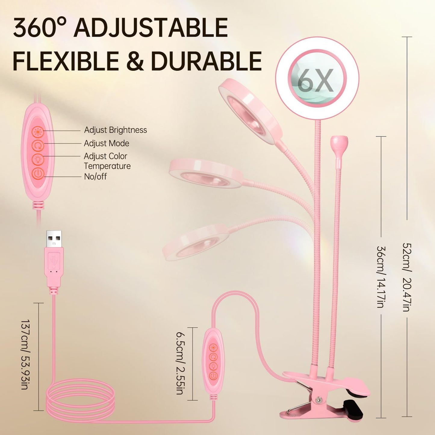 AORAEM LED UV Nail Lamp: Double-Headed Gooseneck Lamp for Gel Nails, LED Flash Cure Light with 6X Magnifier Home DIY Salon, Pink
