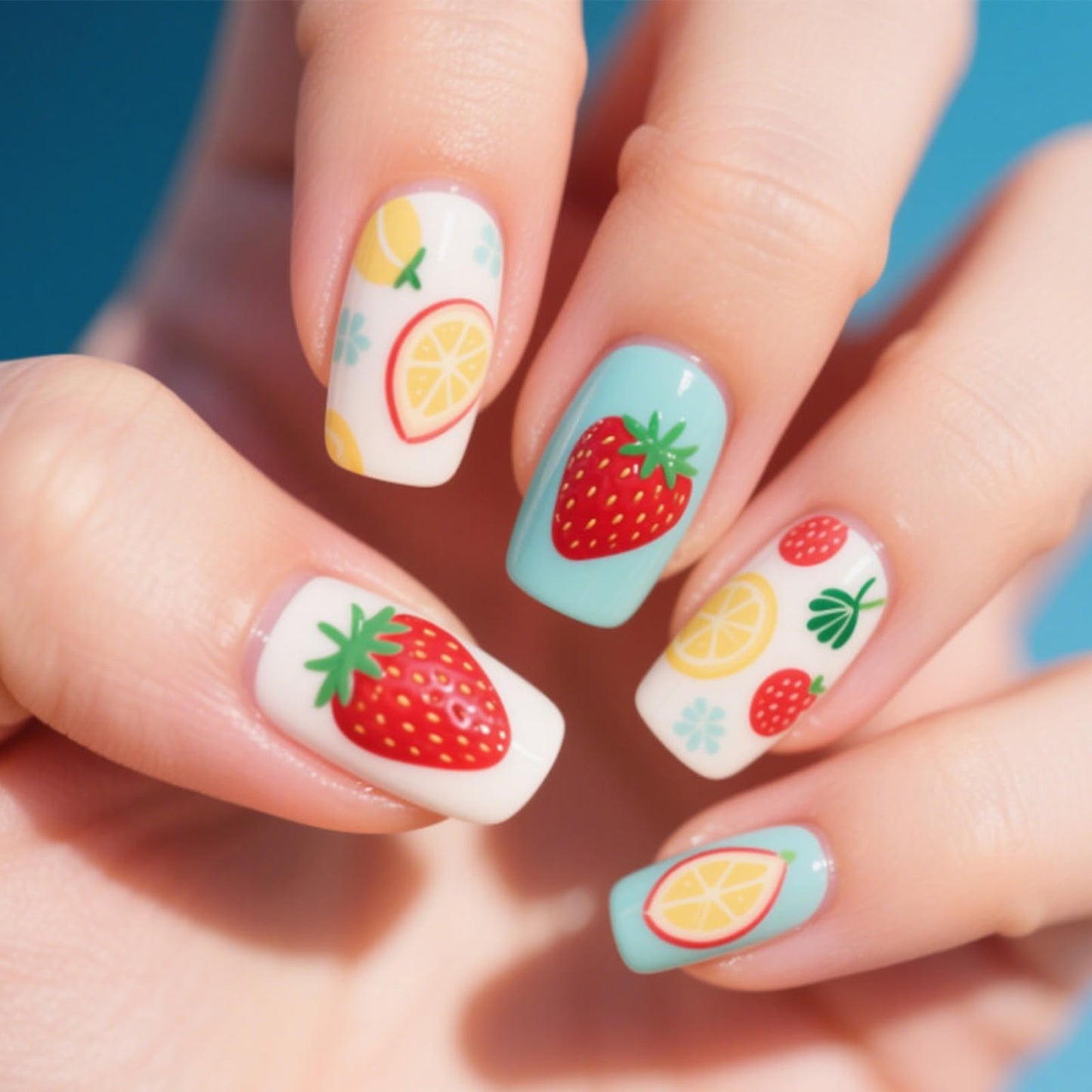 Summer Press on Nails Medium Square Fake Nails with Strawberry Lemon Designs Cute Acrylic False Nail Glossy Full Cover Stick on Nail Reusable Artificial Glue on Nails for Women 24Pcs