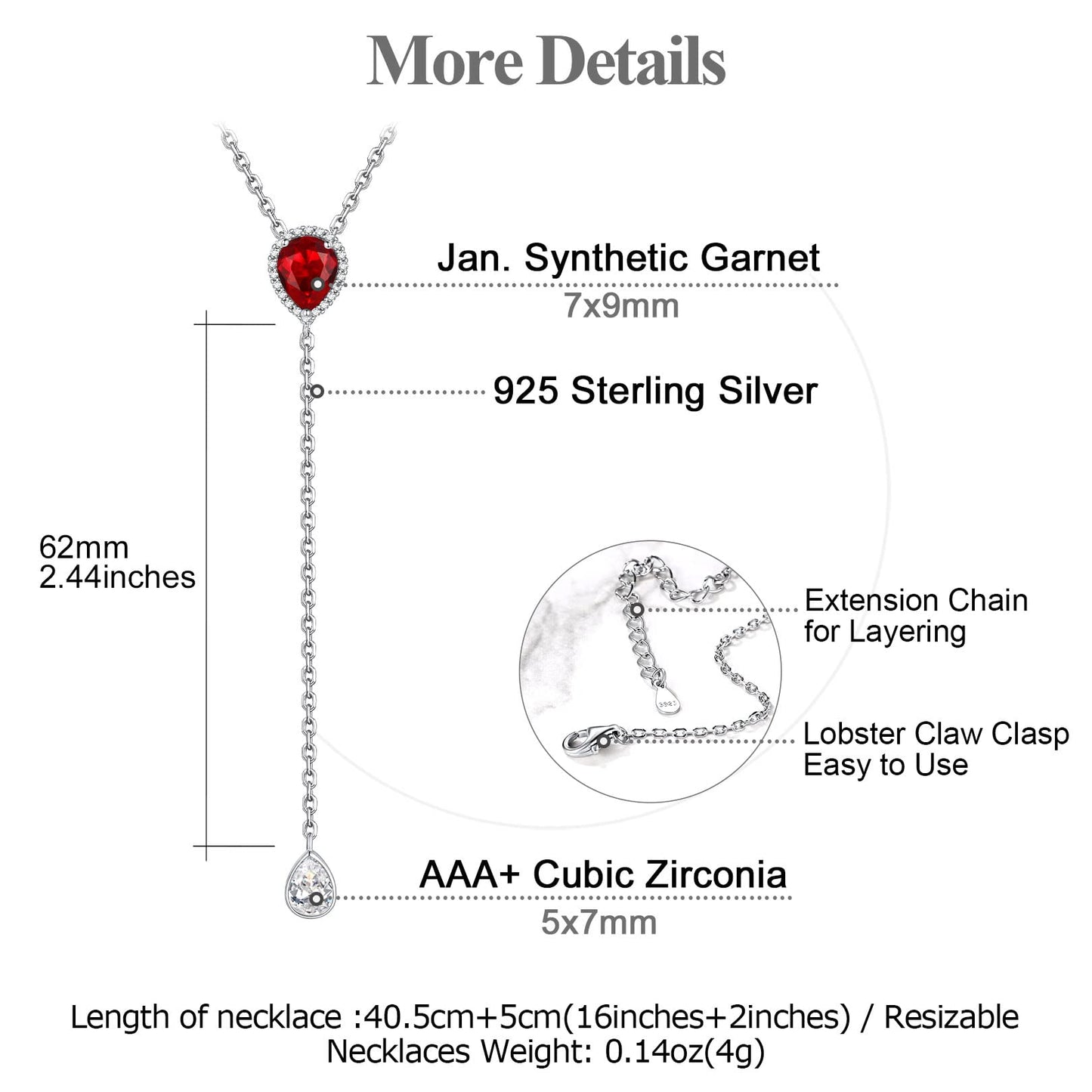 FOCALOOK 925 Sterling Silver CZ Teardrop Lariat Necklace 16"-18" Y Drop Adjustable Birthstone Necklaces for Women