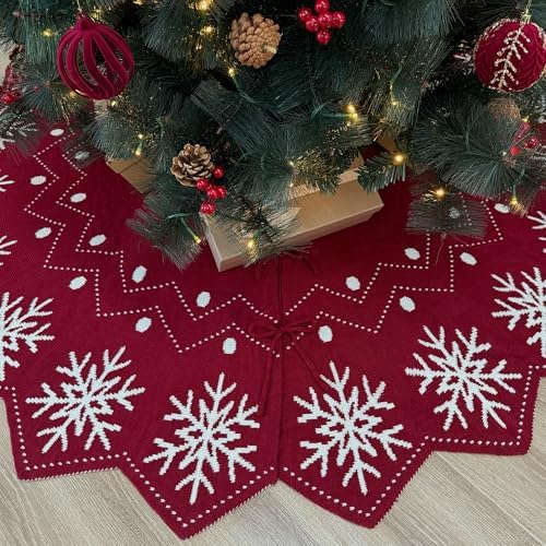 48-Inch Reversible Knit Tree Skirt with Christmas Star–Inspired Pointed Edge Border and Lace-Up Closures, Machine Washable Thick Acrylic Yarn, Burgundy & White