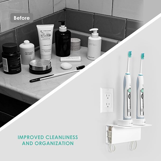 Modern Acrylic Wall Mounted Electric Toothbrush Holder with Hidden Cable Management - Space-Saving Bathroom Organizer for Shower-Safe, Waterproof Adhesive Mount No Drill-White