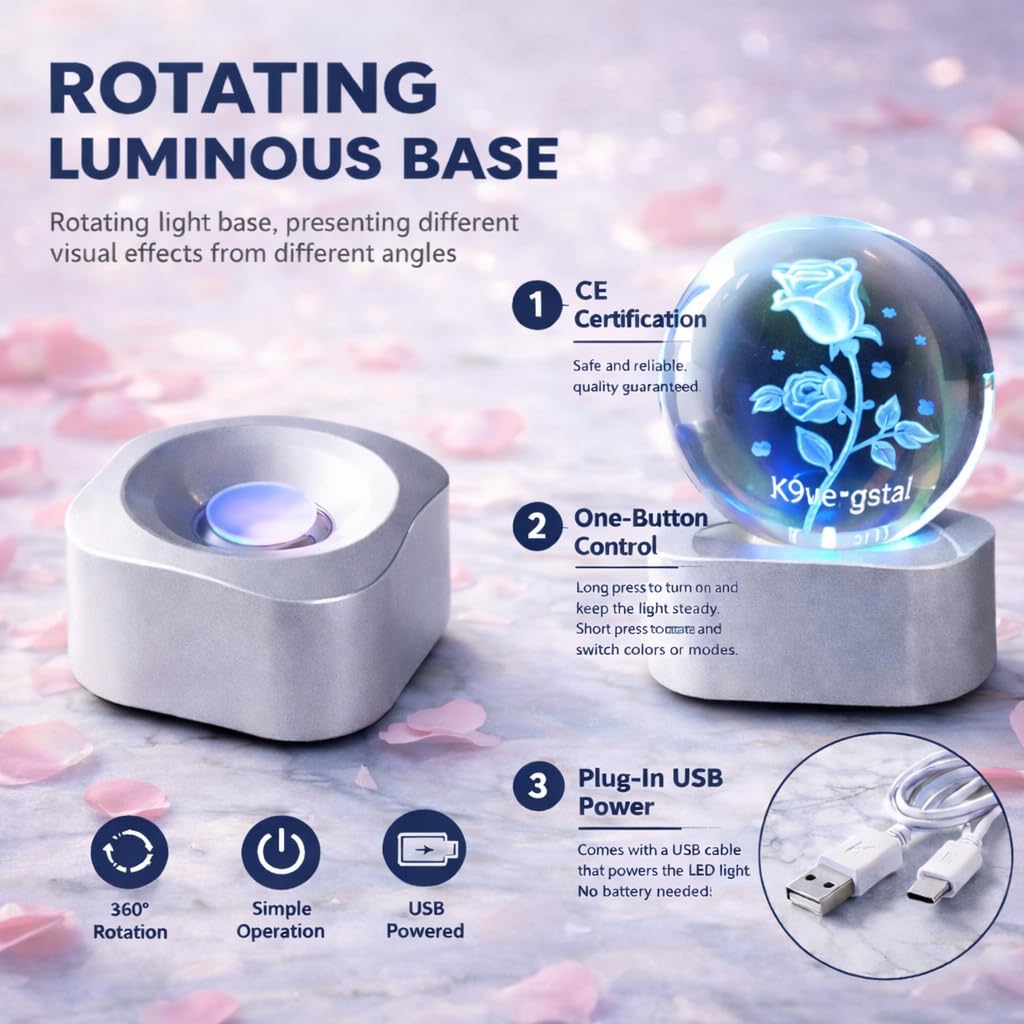 Zerelys Valentine’s Day Romantic Gift for Him Her -3D Rose Crystal Night Light Gifts for Girlfriend Wife Husband Couples Wedding Anniversary Birthday Keepsake with Automatic Rotating Light Led Base