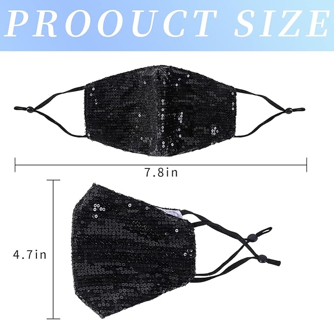 6 Pcs Washable Glitter Bling Women Face Mask. Breathable Reusable Adjustable Fashion Masquerade Facemasks With Pocket.