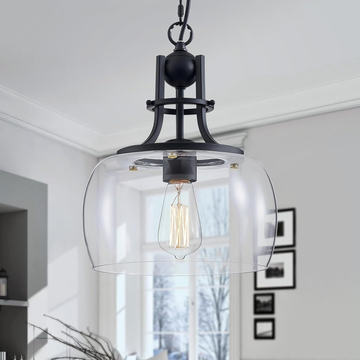WUZUPS Chandelier Rustic Farmhouse Industrial Round Ceiling Pendant LED Light Fixture with Clear Glass Shades for Dining Room Kitchen Island Foyer Entryway, H 13" x W 10", E26 Base, Black
