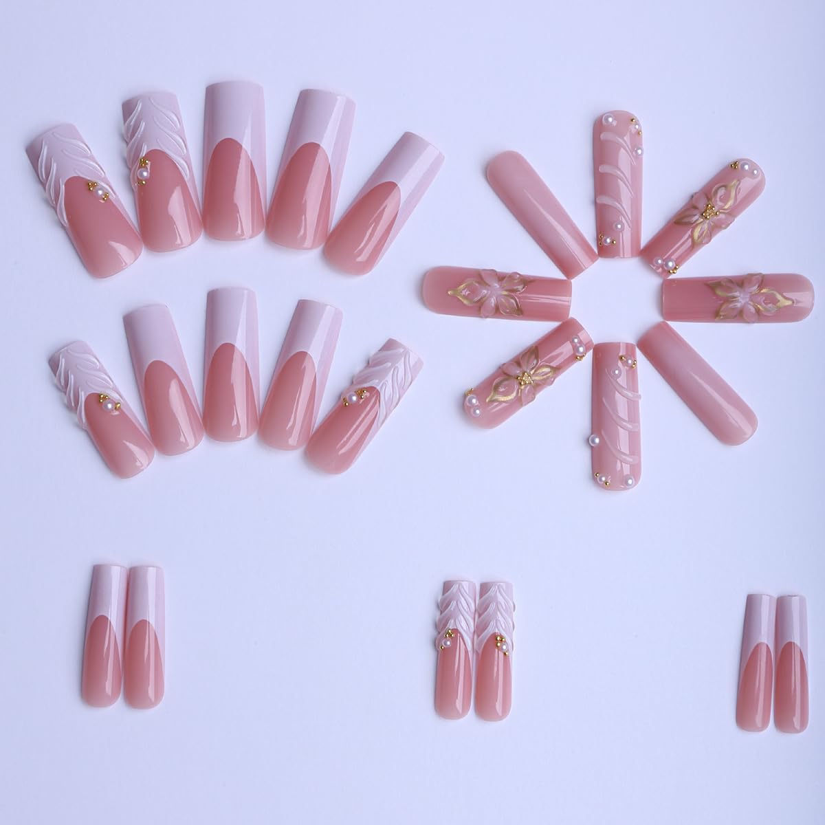 Long Square Press on Nails, plalely Gold Embossed Flowers Acrylic Press on Nails with Cute Pearl Charms Designs，Long Press on Nail for Women 24pcs
