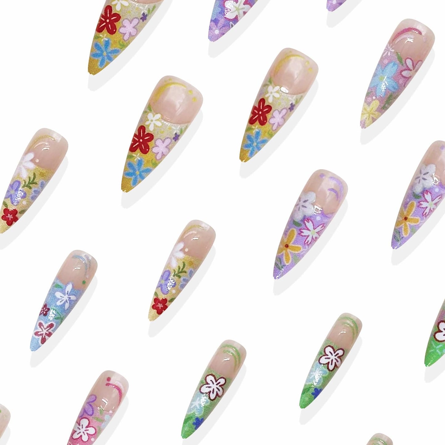MISUD Press on Nails - Long Stiletto Fake Nails with Colorful French Tip, Acrylic Spring Summer Flower Design 24 pcs