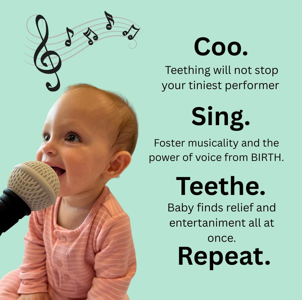 Microphone-Shaped Silicone Baby Teether - BPA Free, with Rattle, Musical/Singing Toy, Dishwasher & Freezer Safe, Easy-to-Grip Teething Shaker Toy for Newborns, Infants, Toddlers. (Teal Peach)