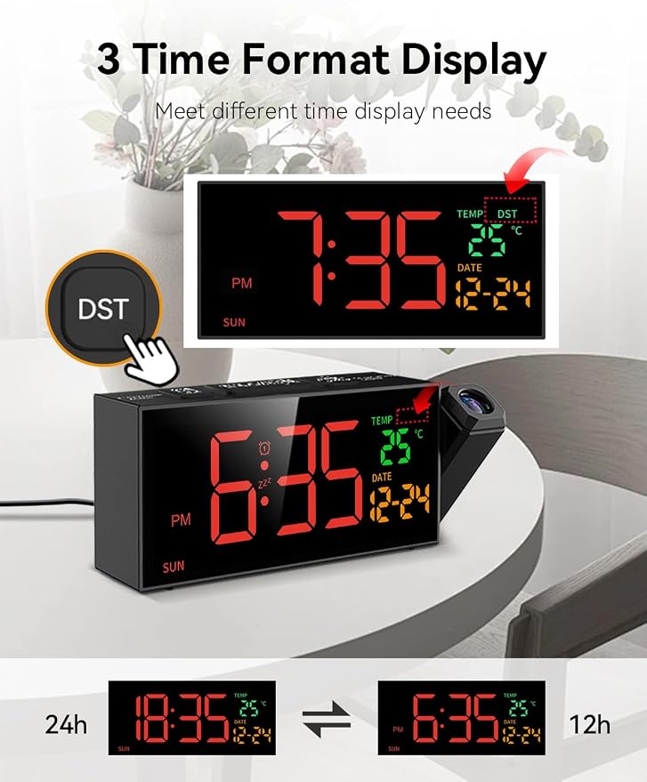 Netzu Projection Clock for Bedroom Ceiling, Alarm Clocks Black