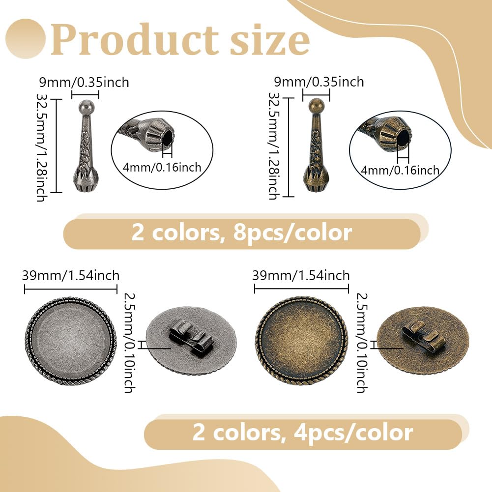 AHANDMAKER 2 Colors Bolo Tie Making Kits, 16pcs 1.28Inch Long Alloy Bolo Tie Tips Replacement End Caps, 8pcs Bolo Tie Slide Clasp Cabochon Settings, Bolo Necklace Replacement Kit for Bolo Tie Making