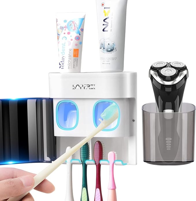 Boperzi Bathroom Razor Storage Holder and Toothpaste Dispenser Wall Mounted with Dustproof Cover, Black Toothbrush Holder Set for Mirror Shower with 2 Toothpaste Squeezers(No Electric, No Light)