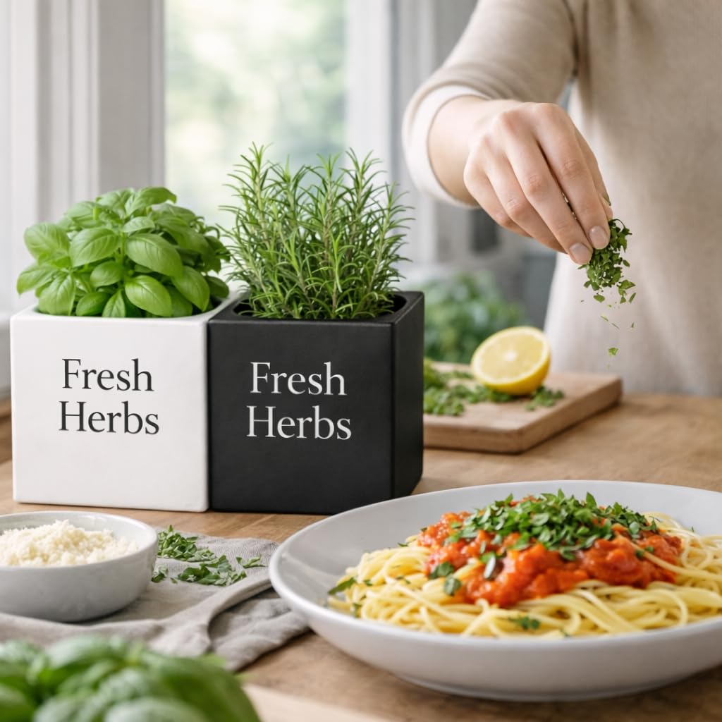 Fresh Herbs Planter Set of 2 (White & Black), 3.94'' Square Indoor Herb Pots for Kitchen Countertop, Modern Minimal Planters for Home Décor