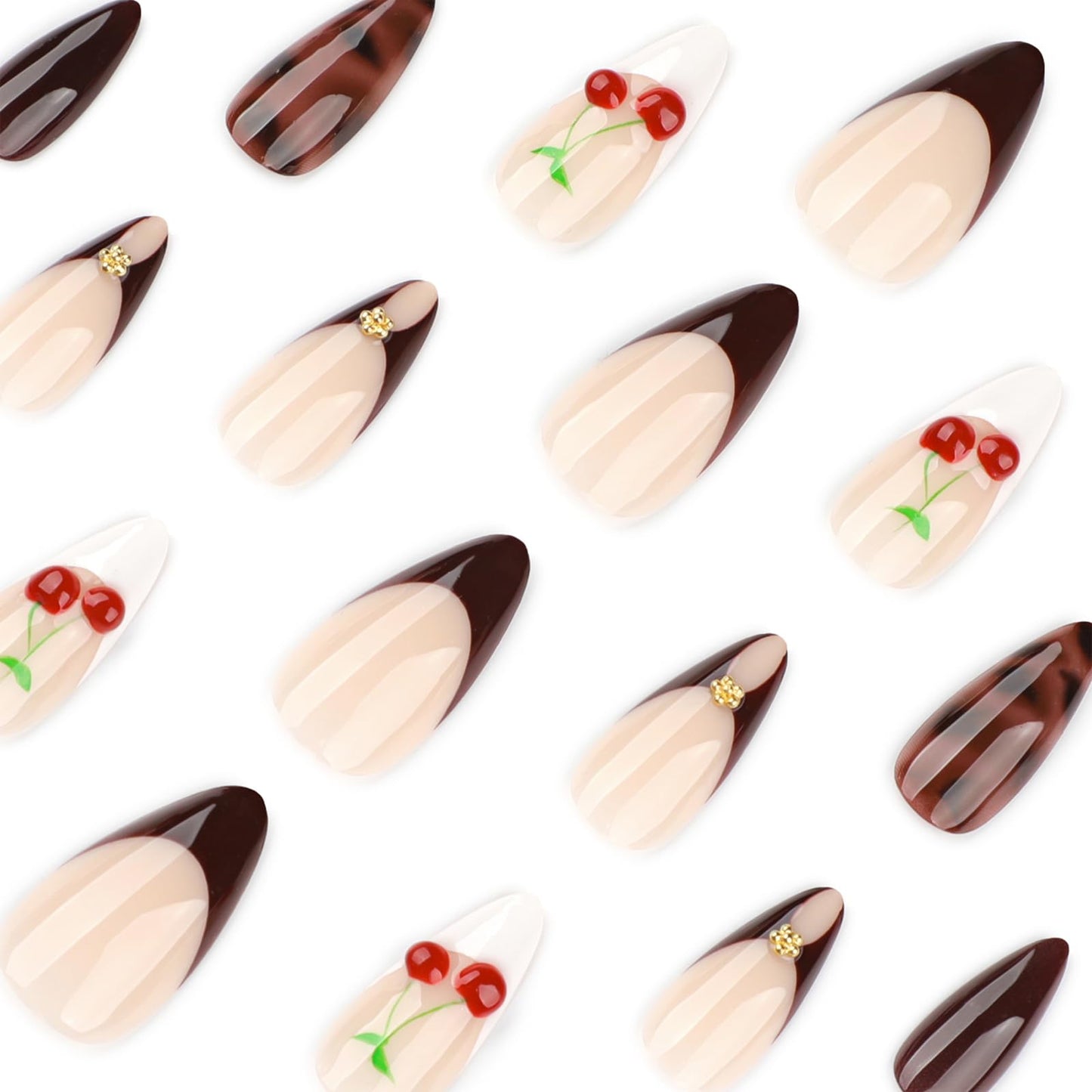IMSOHOT Cherry Press on Nails Medium Almond Fake Nails Burgundy French Nail Tips Full Cover Glossy Glue on Nails Acrylic Artificial Cute False Nails for Women 24Pcs