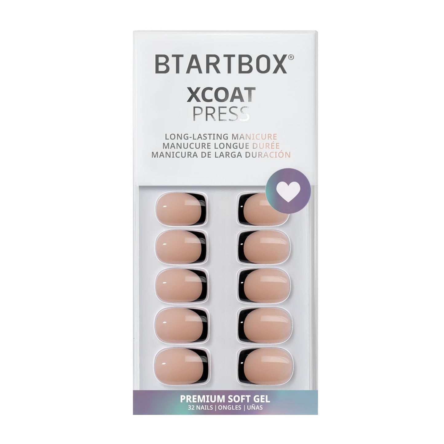 French Tip Press On Nails - BTArtbox Jelly Square Fake Nails with Nail Glue, Reusable Semi-Transparent Stick On Nails in 16 Sizes - 32PCS Soft Gel Glue On Nails Kit, Classic Black