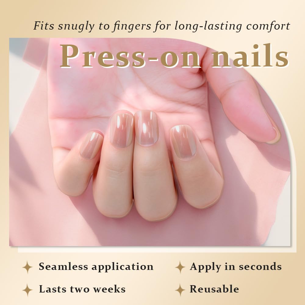 evpct Nude Glazed Press on Nails Short Square No Glue, Chrome Glazed Nude Fake Nails for Women Gift, Reusable Full Cover Soft Press on Fake Nail, Glossy Glitter Stick on False Nail Kit Salon Quality