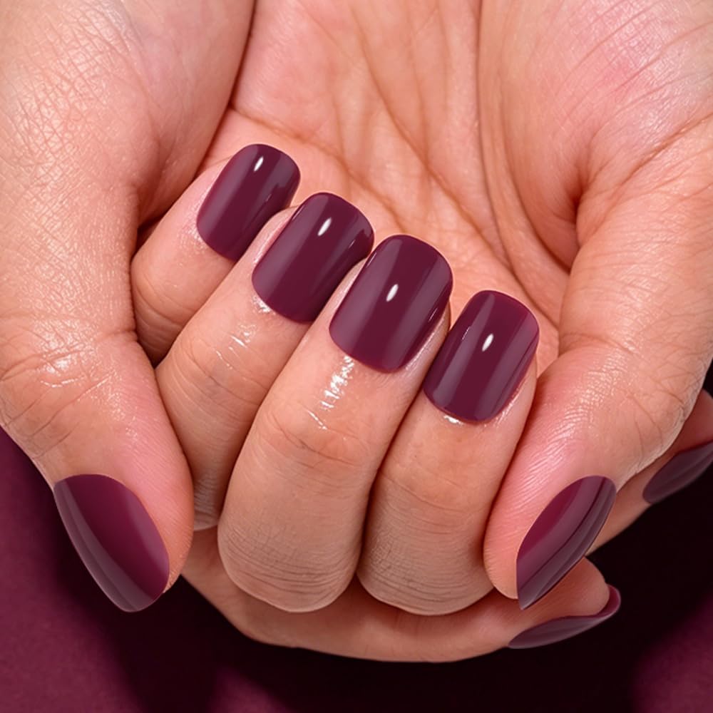 evpct Maroon Red Glossy Squoval Short Press on Nails for Women, Red Extra Short Squoval No Glue Stick on Nails with Kit, Reusable Full Cover Soft Press on Acrylic Fake Nail Salon-quality Perfectly Fit
