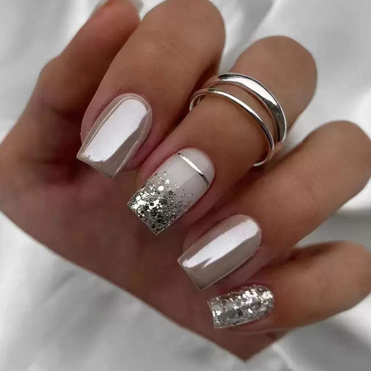 6 Packs (144 Pcs) Press on Nails Medium Square Fake Nails Chrome False Nails with Designs Hot Pink Siliver Glue on Nails Full Cover Solid Color Glossy Acrylic Stick on Nail for Women Manicure