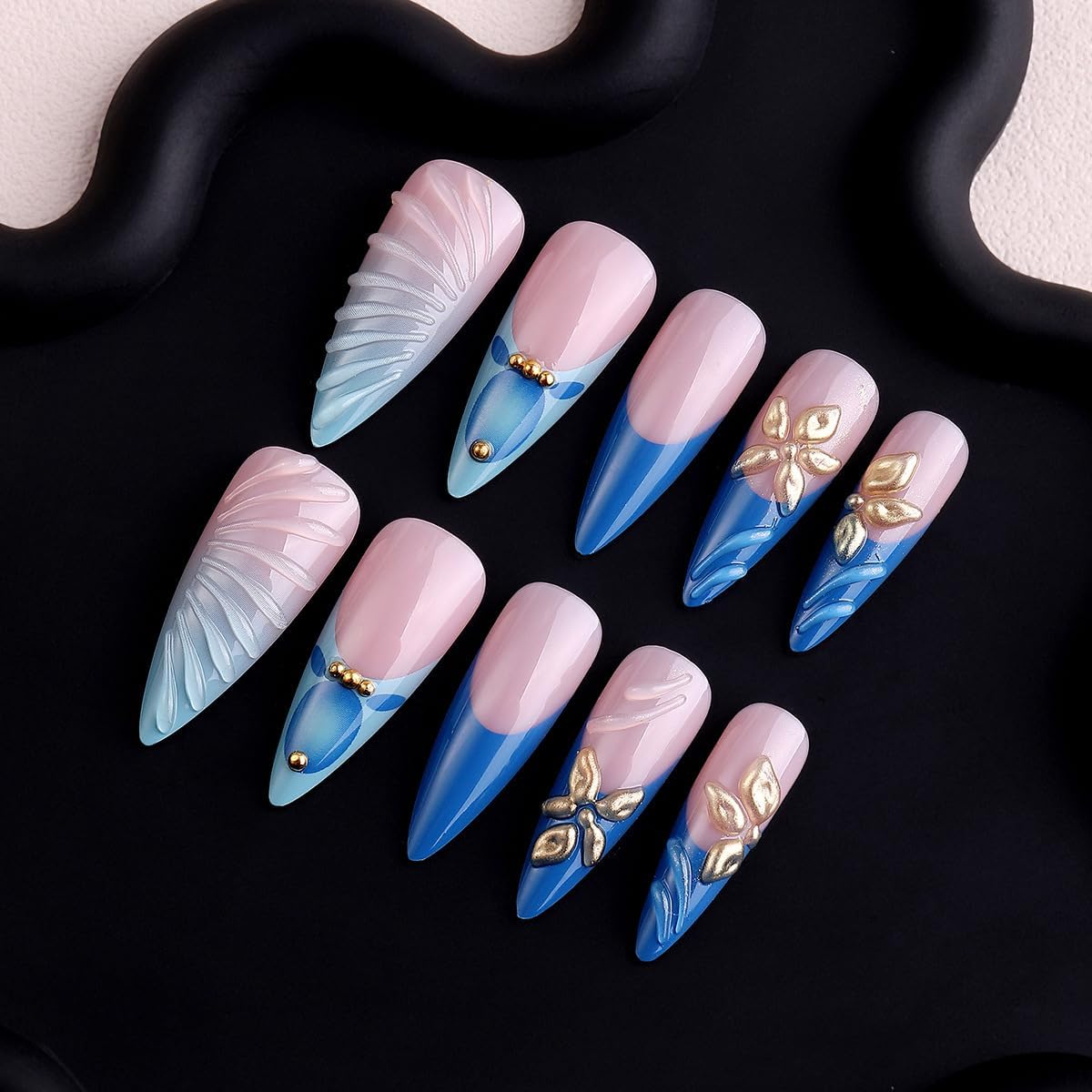 plalely Stiletto Press on Nails Long Blue Fake Nailwith 3D Charms Acrylic Nail Press ons Golden Embossed Stick on Nails for Women 24pcs