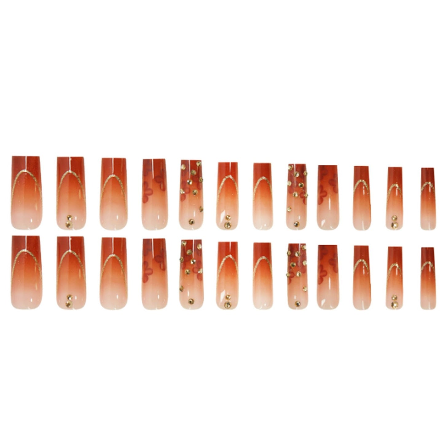 Hkanlre Gradient Press on Nails Medium Brown Fake Nails Tips Full Cover Square False Flower Nails for Women and Girls 24PCS