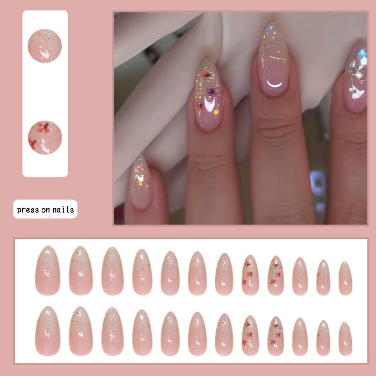 Hkanlre Gradient Pink Fake Nails Tips Bling Press on Nails Full Cover Almond False Medium Nails for Women 24PCS