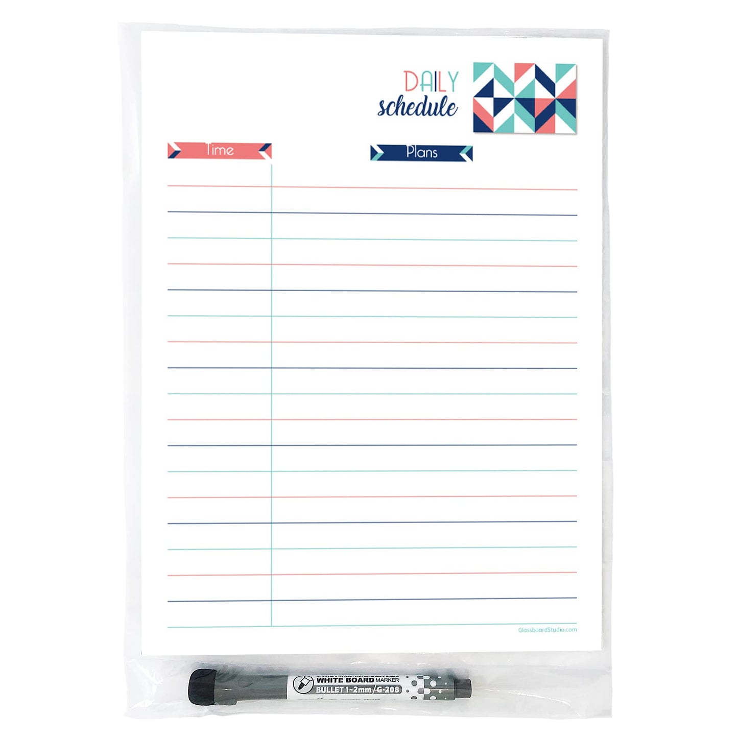 Dry Erase Daily Schedule Planner Sticker Decal by Glassboard Studio | Removable & Reusable | Magnetic Fine-Tip Marker Included (9 x 12 inches, Geometric)