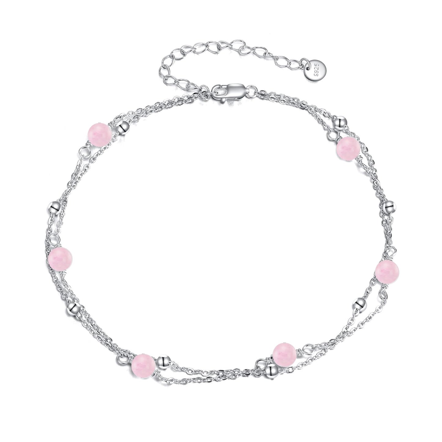 CRMAD Rose Quartz Bracelet Anklet for Women Sterling Silver Beach Jewelry Gift for Women (rose quartz, bracelet 7+2'')