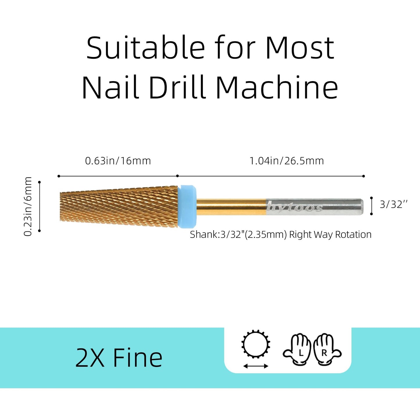 HYTOOS Titanium 5 in 1 Nail Drill Bit, 6 * 16mm Flat Top Tapered Professional Tungsten Carbide Bits for Gel Polish & Base Removal, Electric File Manicure Drills Accessories Tool,2XF
