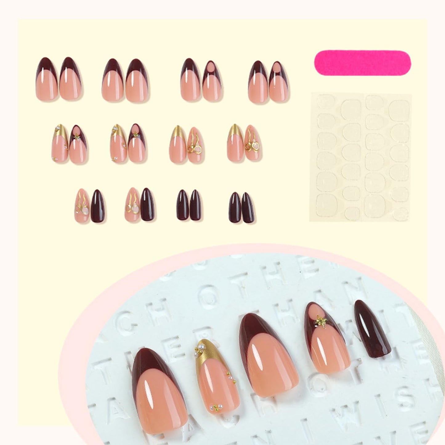 Retro 3D Pearl Press on Nails Gold Bow French Tip Fake Nails Long Almond Acrylic False Nail Glossy Full Cover Glue on Nail for Women