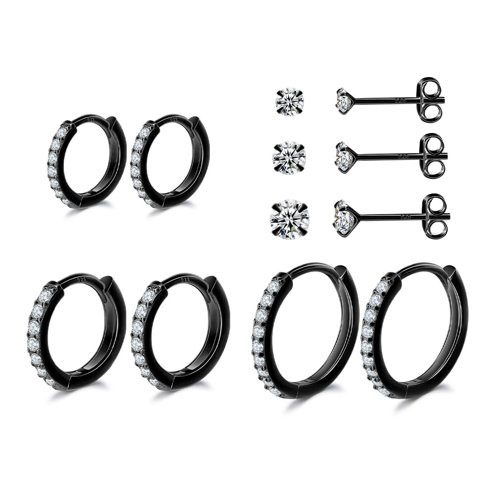 Black Hoop Earrings Sterling Silver Stud Earrings for Men Women 6 Pairs Hypoallergenic Tiny Cubic Zirconia Stud Set Cartilage Hoops 8mm 10mm 12mm