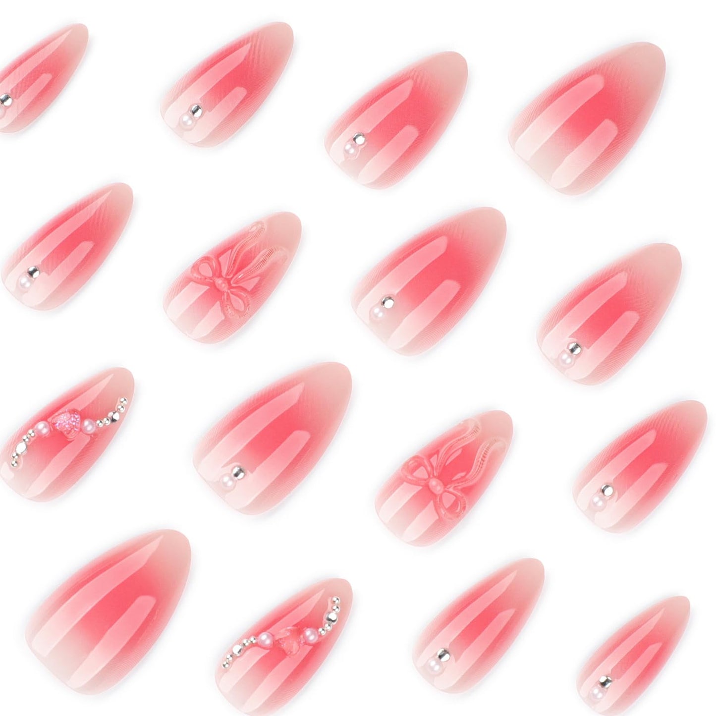 Mivota Pink Ombre Soft Gel Press On Nails 24PCS – 3D Bow Almond Fake Nails with Rhinestones, Glossy Reusable Glue On Nails for Women, Salon Quality Cute Natural Gradient Nail Tips