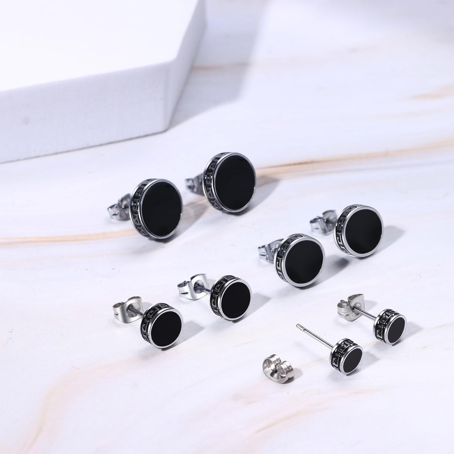 Aroncent Black Round Stud Earrings: Stainless Steel Hypoallergenic Retro Graphic Circle Piercing Ear Studs Set for Men Women 4 Pairs 6-12 mm