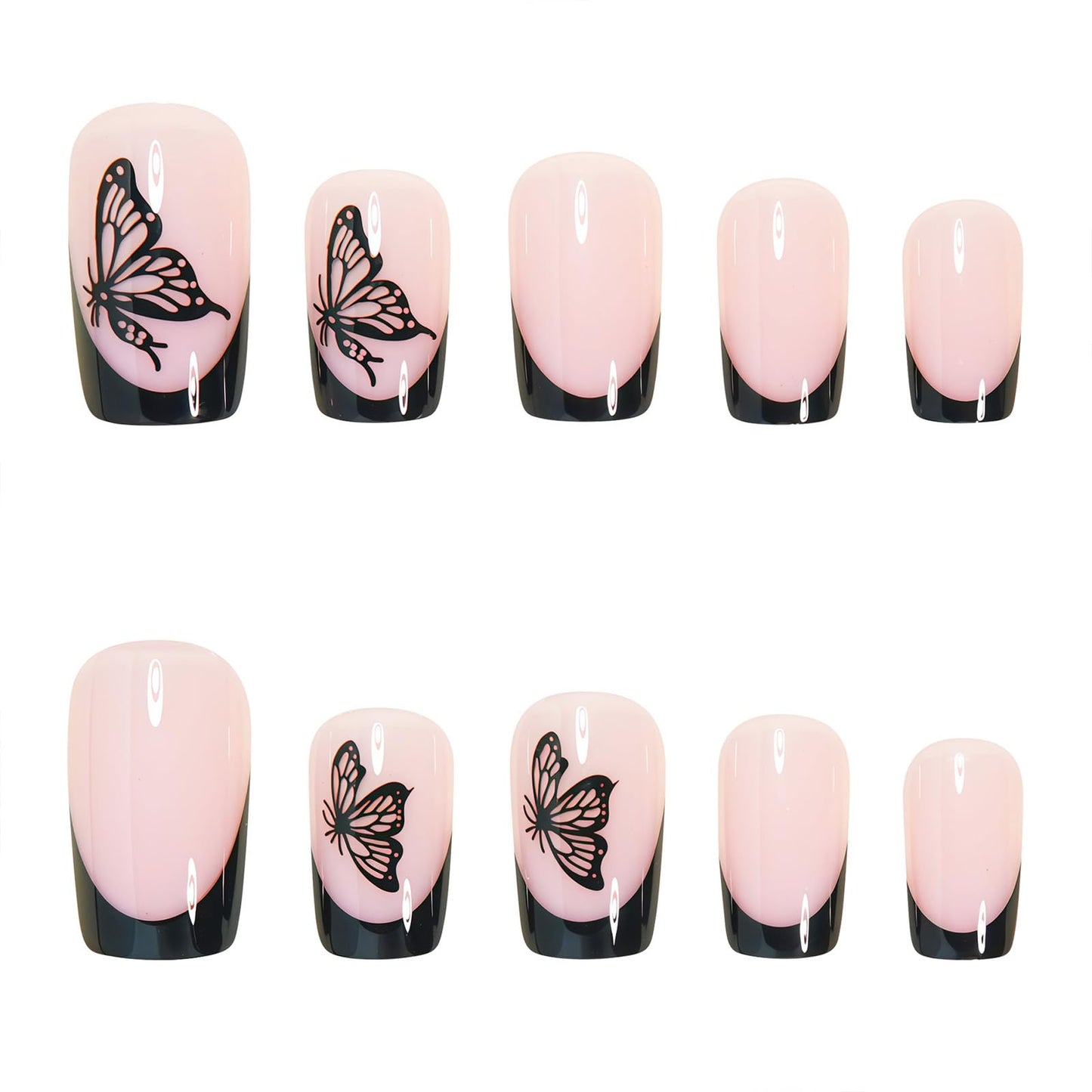 SINHOT Square Press on Nails - Short Fake Nails, Glossy Finish, Black Butterfly & French Tip, DIY Artificial False Nail Art - 24 Pcs Nail Kit with Glue