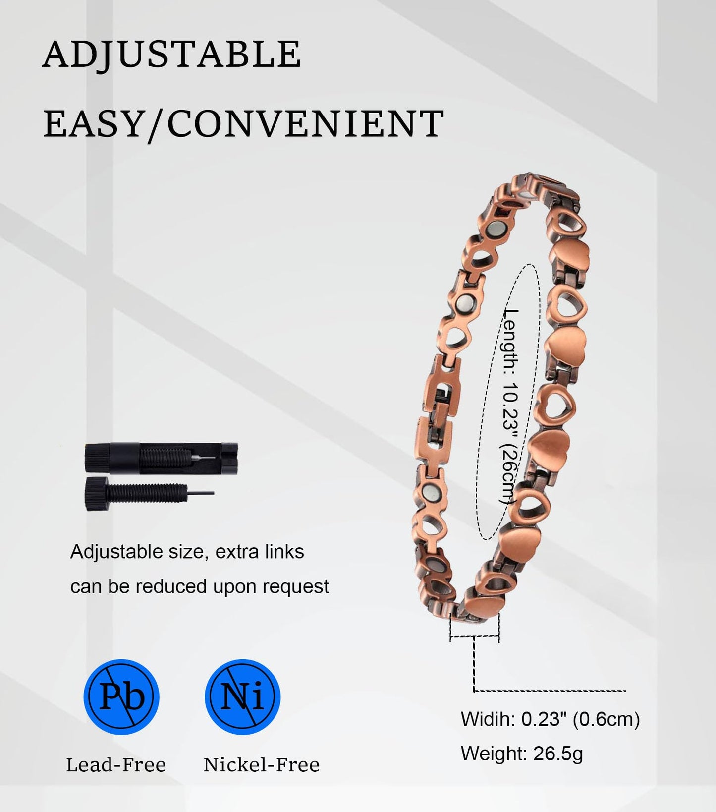 UtenoTureH Copper Anklet for Women for Arthritis, 99.99% Pure Copper Jewelry Lovely Heart Design with Adjust Tool