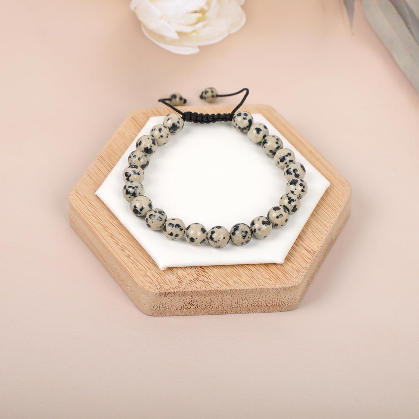 AD Beads Natural 8mm Gemstone Bracelets Healing Power Crystal Macrame Adjustable 7-9 Inch (Dalmation Jasper)
