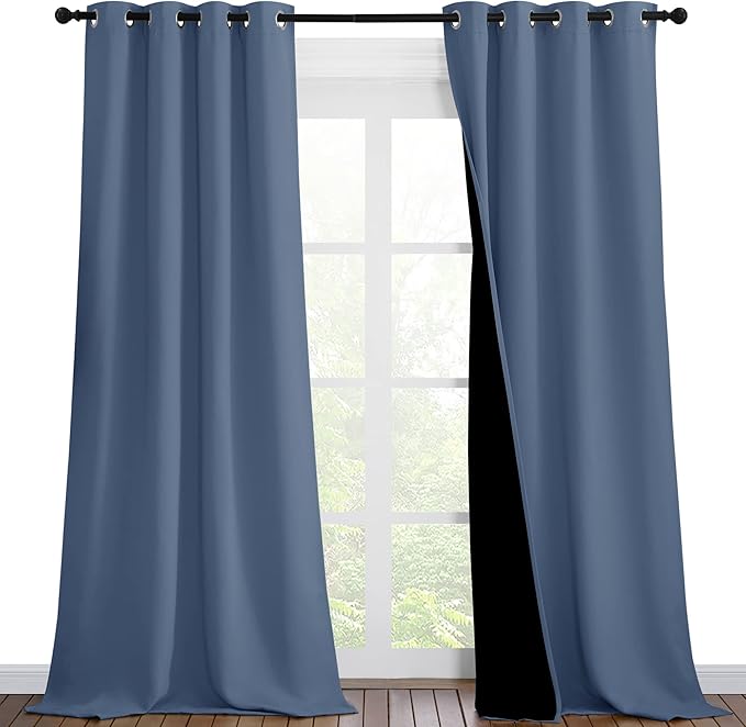 NICETOWN Insulated 100% Blackout Curtains, Noise Reducing Performance Drapes with Black Lining, Full Light Blocking Draperies for Overnight Shift Worker (Stone Blue, 1 Pair, 46 inches x 90 inches)