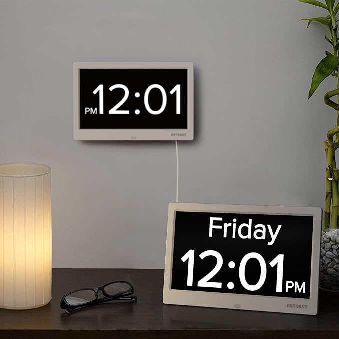 10.1 Inch Digital Alarm Clock with Date and Day of Week for Dementia Seniors, Clear Large Screen, Multiple Alarm Sets, Auto DST, Designed Specifically for Elderly - White