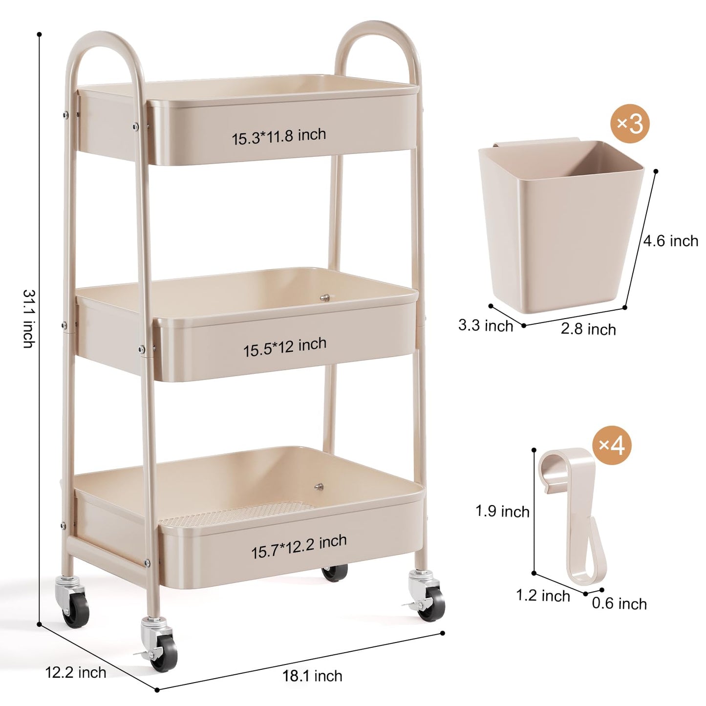 3 Tier Khaki Metal Utility Rolling Cart, Storage Cart with Handle and Lockable Wheels, Multifunctional Organizer Trolley with Mesh Storage Baskets for Kitchen, Office, Living Room, Laundry, Garage