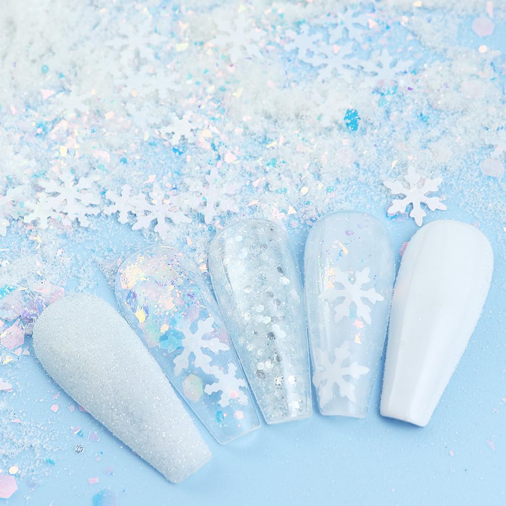White Christmas Nail Art Glitters Winter Snowflake Nail Sequins, LPOODDNU 3D Holographic Christmas Snowflakes Nail Decals Winter Nail Art Decorations Accessories for Women Manicure DIY Craft