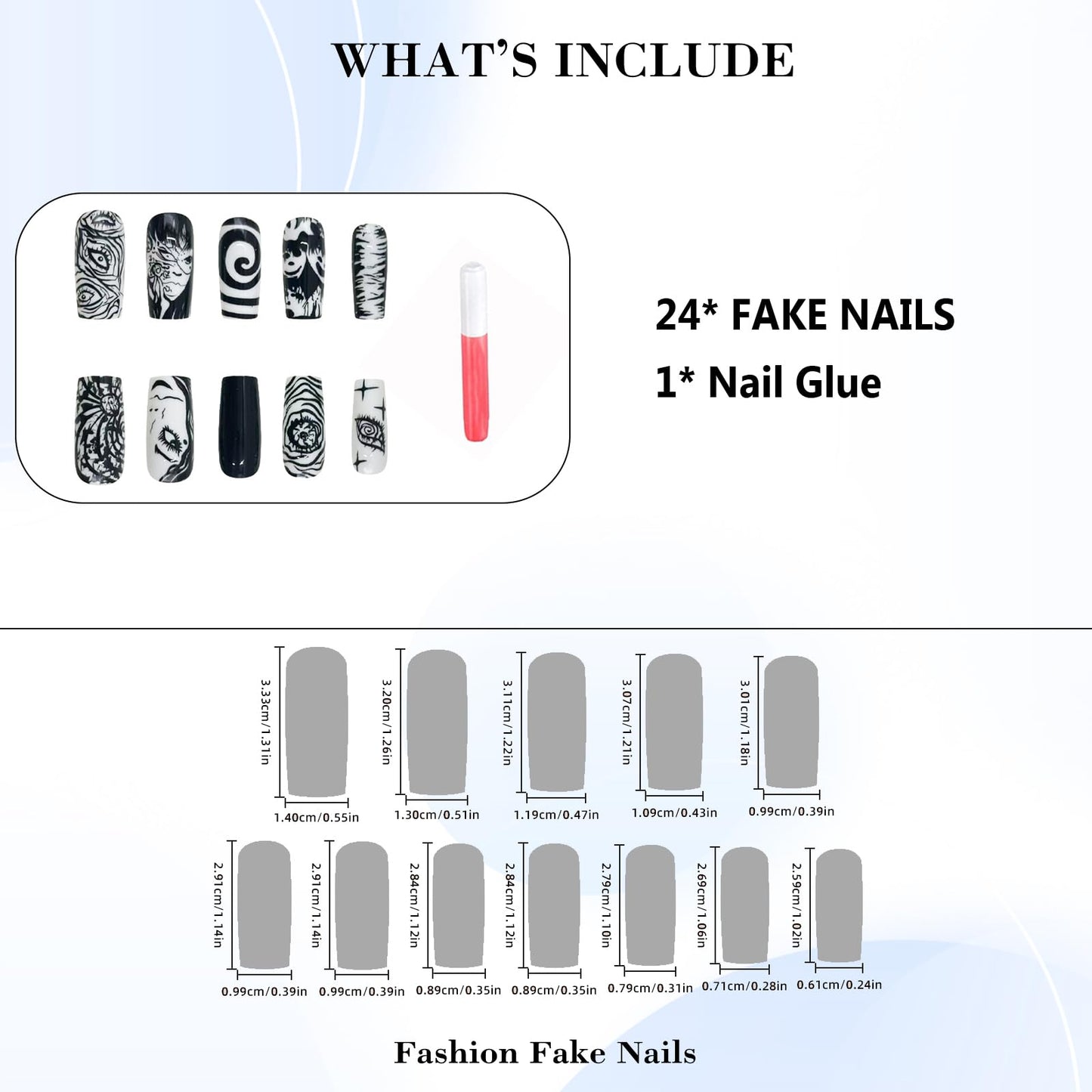 IMRAIN Long Press on Nails Square Fake Nails Black White Pattern Acrylic False Nails with Designs Full Cover Glossy Glue on Nails for Women