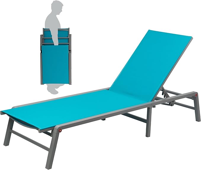 Kozyard Outdoor Foldable Lounge Chair, Aluminum Frame Patio Lounger with 5-Position Adjustable Backrest, Breathable Textilene Fabric, Assemble-Free, Reclining Full-Flat Poolside(Aqua)