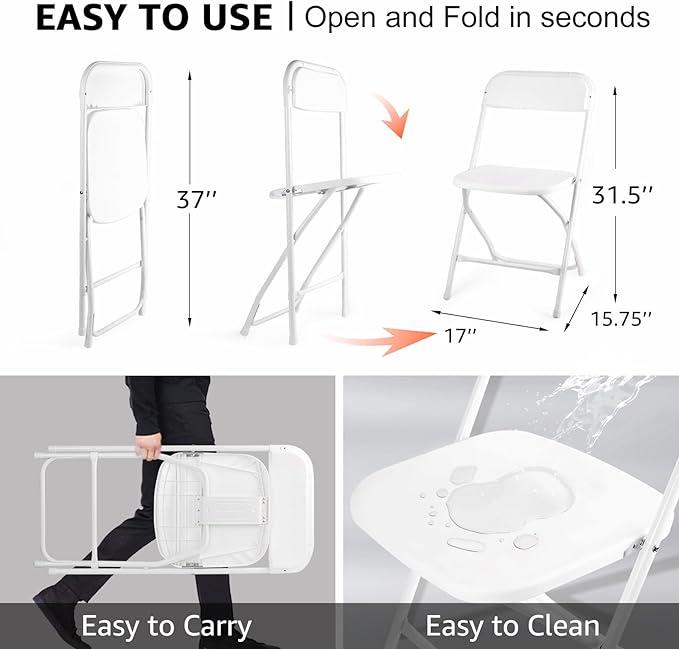 10 Pack White Folding Chairs, Portable Stackable Commercial Foldable Chair, Indoor Outdoor Plastic Folding Chair for Events/Office/Home/Wedding/Party, 400lbs Capacity