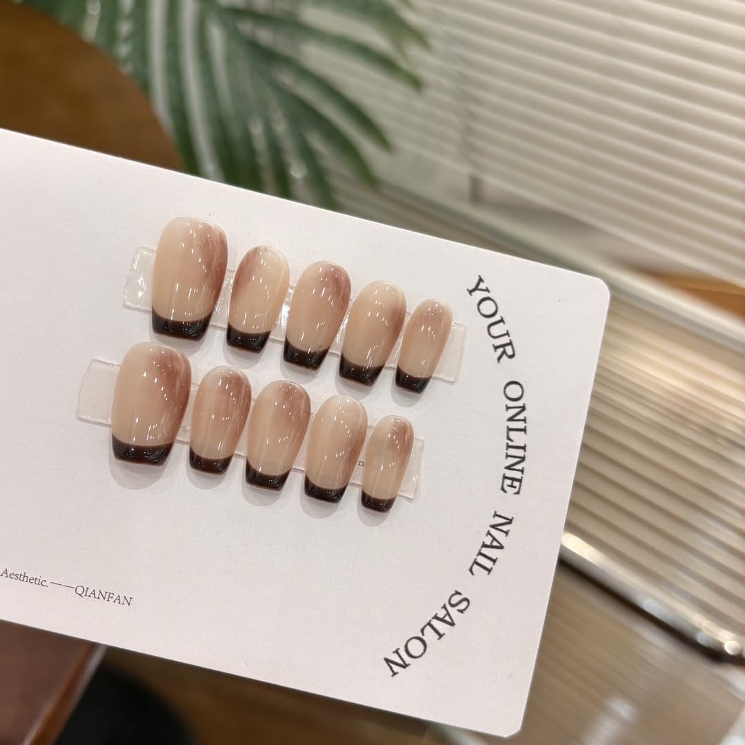 Mocha Gradient French Tip Press On Nails, Medium Almond Shape, Reusable Manicure Set，Gradient Nude Fake Nails for Office Wear (M)
